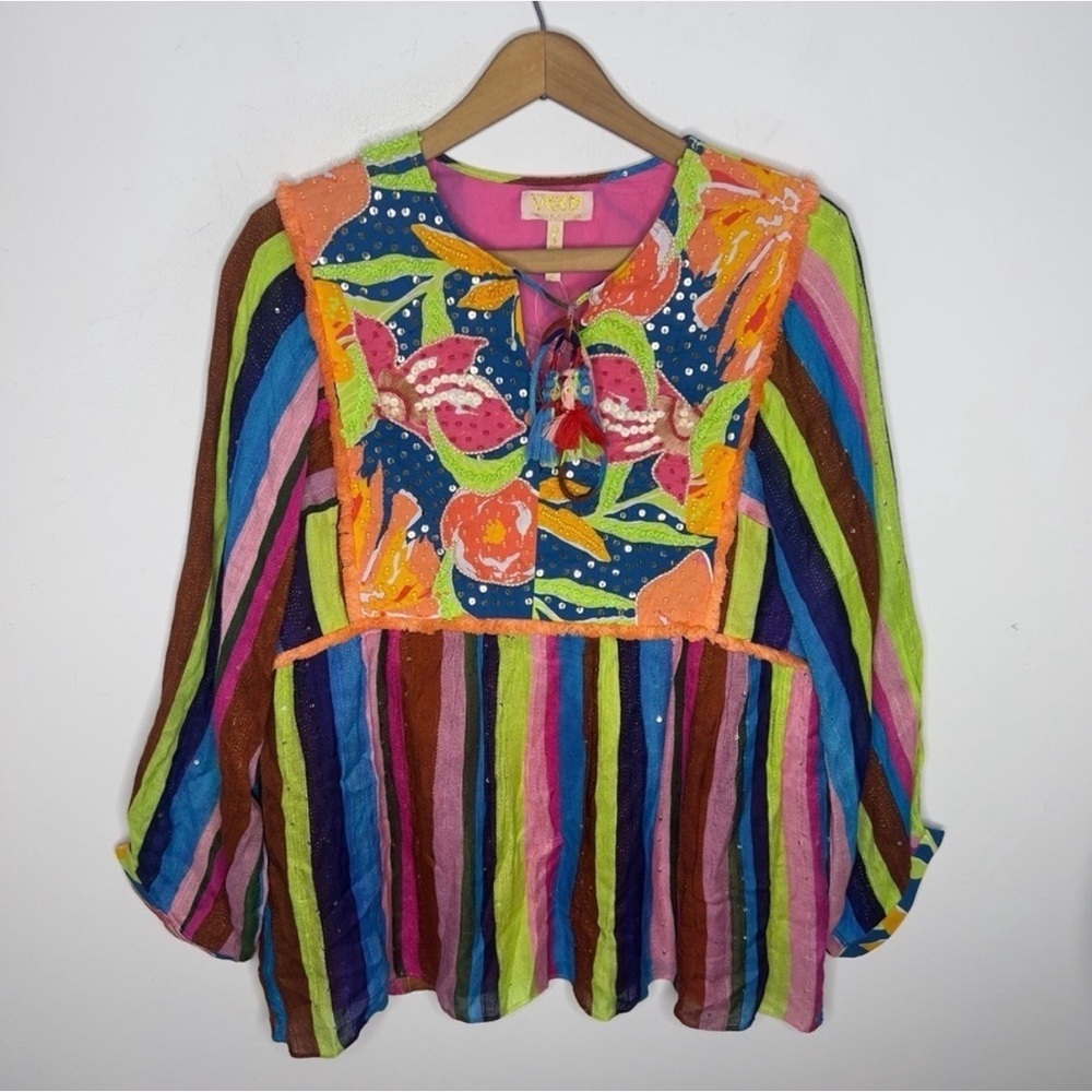 Anthropologie Verb Pallavi Singhee Floral Striped Beaded Boho Babydoll Blouse - Picture 2 of 11